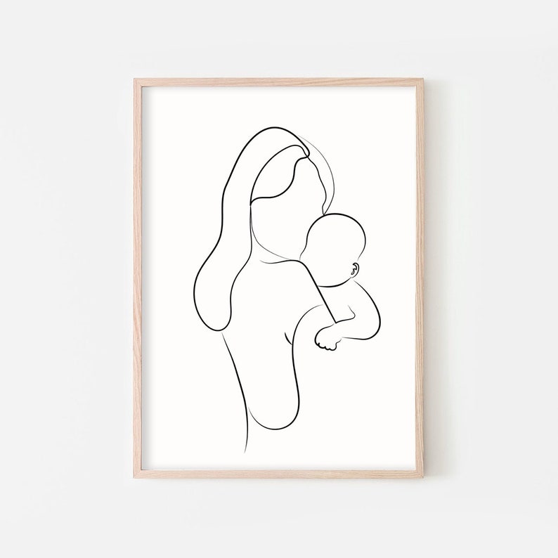 May include: Line art drawing of a mother holding a baby in her arms. The drawing is in black and white and is done in a minimalist style.