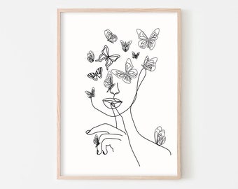 Abstract Woman Face Art Print, Woman With Butterfly, Female Face Line Art, Fine Line Poster, One Line Art, Minimalist Print, Trendy Wall Art