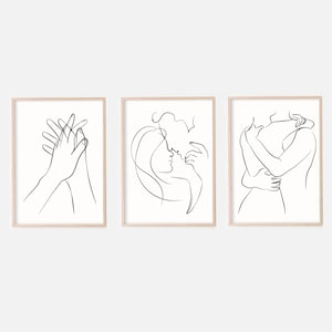Arte lineal de pareja, conjunto de 3 grabados, arte de una línea, arte romántico de pareja, arte lineal minimalista, impresión de arte de amor, tomados de la mano, arte abstracto de pareja