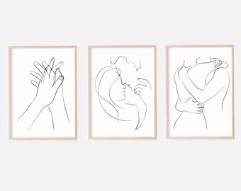 Couple Line Art, Set of 3 Prints, One Line Art, Romantic Couple Art, Minimalist Line Art, Love Art Print, Holding Hands, Abstract Couple Art