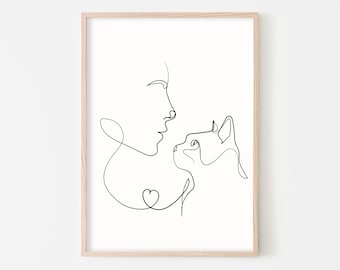 Cat and Woman Line Art Print, Cat Line Art, One Line Drawing, Cat Minimal Art, Cat Print, Minimal Cat Design, Pet Poster, Cat One Line Art