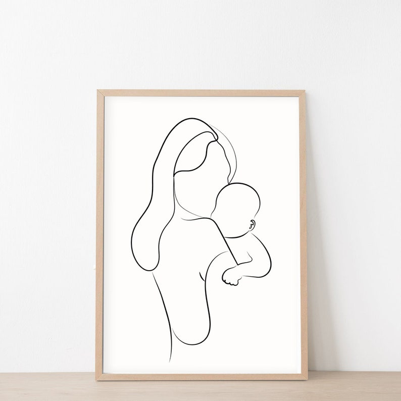 May include: A black and white line drawing of a mother holding a baby in her arms.