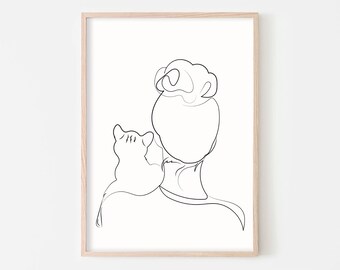 Cat Art Print, Happy Cat And Woman Silhouettes, Ink Drawing, One Line Art, Cat Wall Art, Minimalistic Print , Cat Printable, Animal Poster