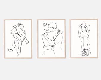 Abstract Couple Line Art, Set Of 3 Prints, Romantic Poster, Love Line Art Print, Hugs Line Art, Minimalist Couple Art, Lovers Art Print