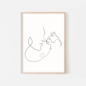 Cat and Man Line Art Print, Cat Line Drawing, One Line Drawing, Pet Lover Wall Art, Cat Print, Minimal Cat Design, Animal Print