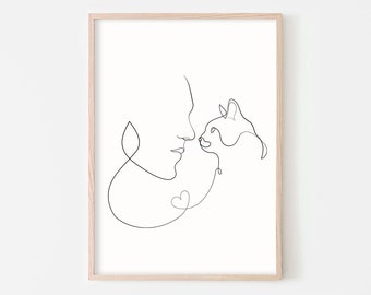 Cat and Man Line Art Print, Cat Line Drawing, One Line Drawing, Pet Lover Wall Art, Cat Print, Minimal Cat Design, Animal Print