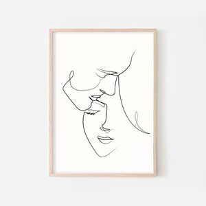 May include: A black and white line drawing of two people's faces, one above the other, with their noses touching.