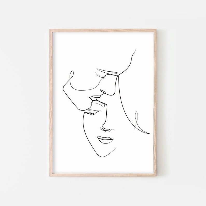 May include: A black and white line drawing of two people's faces, one above the other, with their noses touching.