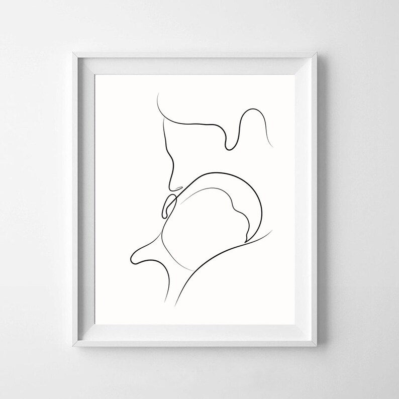 May include: A black and white line drawing of two figures embracing in a romantic pose.