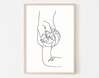 Mom And Baby Hands Touch Printable Wall Art Hands Art Family Artwork Line Drawing Print Family Sketch Art Neutrall Wall Art One Line Drawing