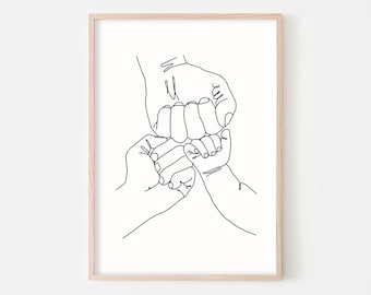 Arte lineal de manos familiares, arte de una línea, impresión familiar, arte de pared para recién nacidos, arte minimalista, impresión de manos familiares tomadas de la mano, regalo para bebé nuevo, arte lineal de manos