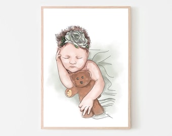Custom Baby Watercolor Portrait From Photo, Newborn Portrait, Memory Sketch, Child Portrait, Baby Shower Gift, Present Family Illustratiom