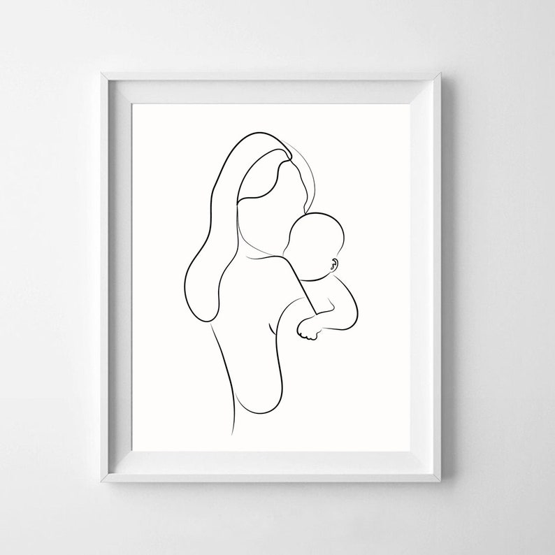 May include: Line art drawing of a mother holding a baby in her arms. The drawing is in black and white and is done in a minimalist style.