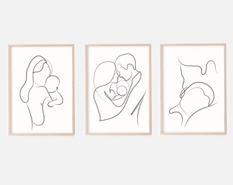 Family Print Set Of 3, Mom & Dad And Baby Art, Family Line Art, Nursery Print, Newborn Wall Art, New Mom And Dad Art Print, Kids Room Art