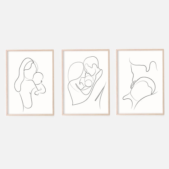 Family Print Set Of 3, Mom & Dad And Baby Art, Family Line Art, Nursery Print, Newborn Wall Art, New Mom And Dad Art Print, Kids Room Art