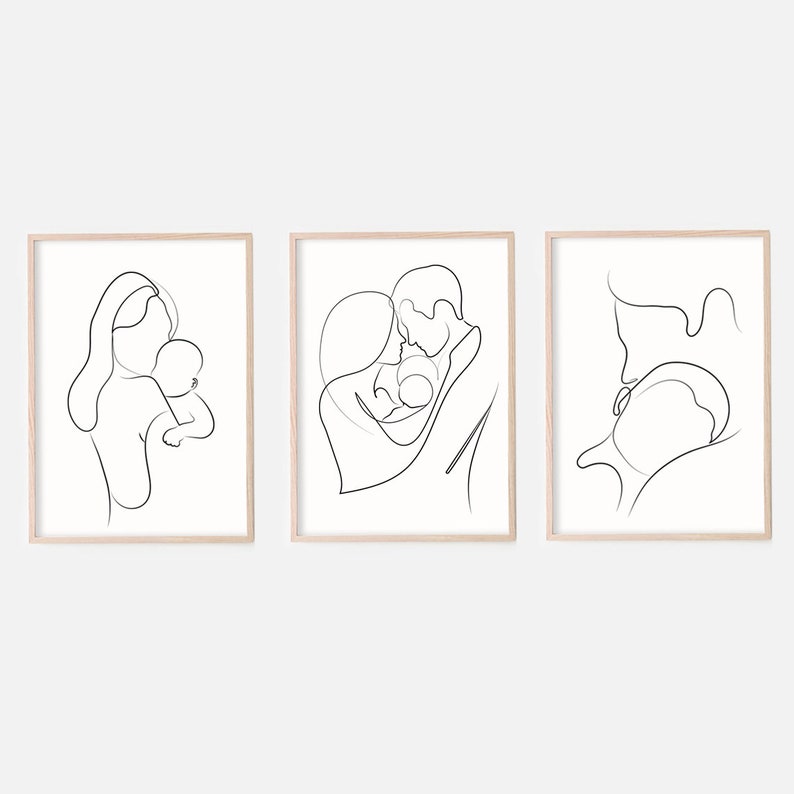 May include: Three black and white line drawings in frames. The first drawing shows a person holding a baby. The second drawing shows two people holding a baby. The third drawing shows a person's shoulder and neck.