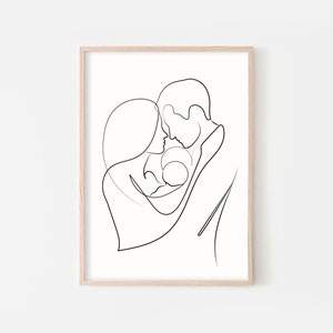 Abstract Family Line Art, Family Line Drawing, Dad Mom And Baby Line Art, Minimalist Art, Couple Art Print, New Mom Gift, Baby Art