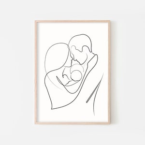 Arte Abstracto De Línea Familiar, Dibujo De Línea Familiar, Papá Mamá Y Bebé Arte Lineal, Arte Minimalista, Impresión De Arte De Pareja, Regalo De Mamá Nueva, Arte Bebé