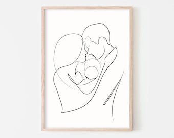 Abstract Family Line Art, Family Line Drawing, Dad Mom And Baby Line Art, Minimalist Art, Couple Art Print, New Mom Gift, Baby Art