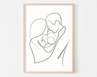 Arte lineal familiar abstracto, dibujo lineal familiar, arte lineal de papá, mamá y bebé, arte minimalista, impresión artística de pareja, regalo para mamá primeriza, arte para bebés