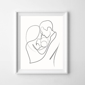 May include: A black and white line drawing of a family of three, a mother, father, and baby, embracing each other.