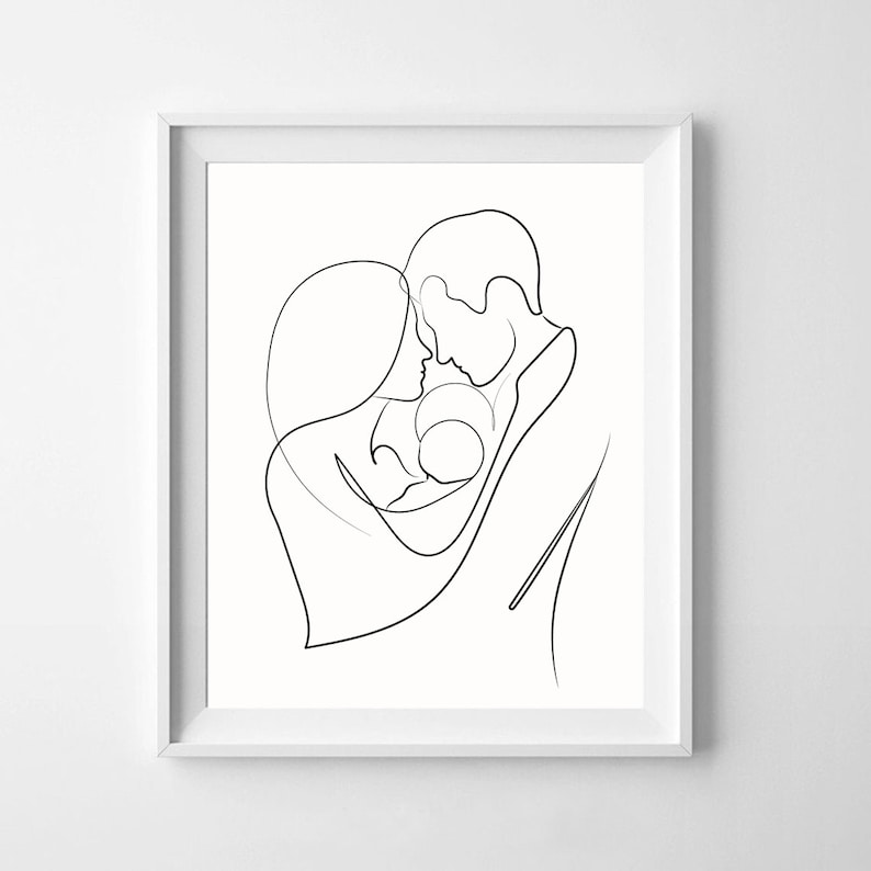 May include: A black and white line drawing of a family of three, a mother, father, and baby, embracing each other.