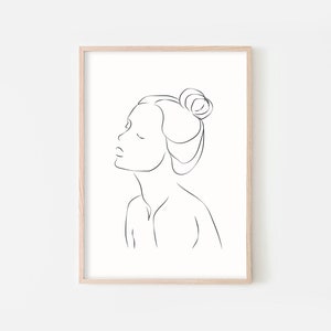 May include: Line art drawing of a person with their head tilted up and their hair pulled back in a bun.
