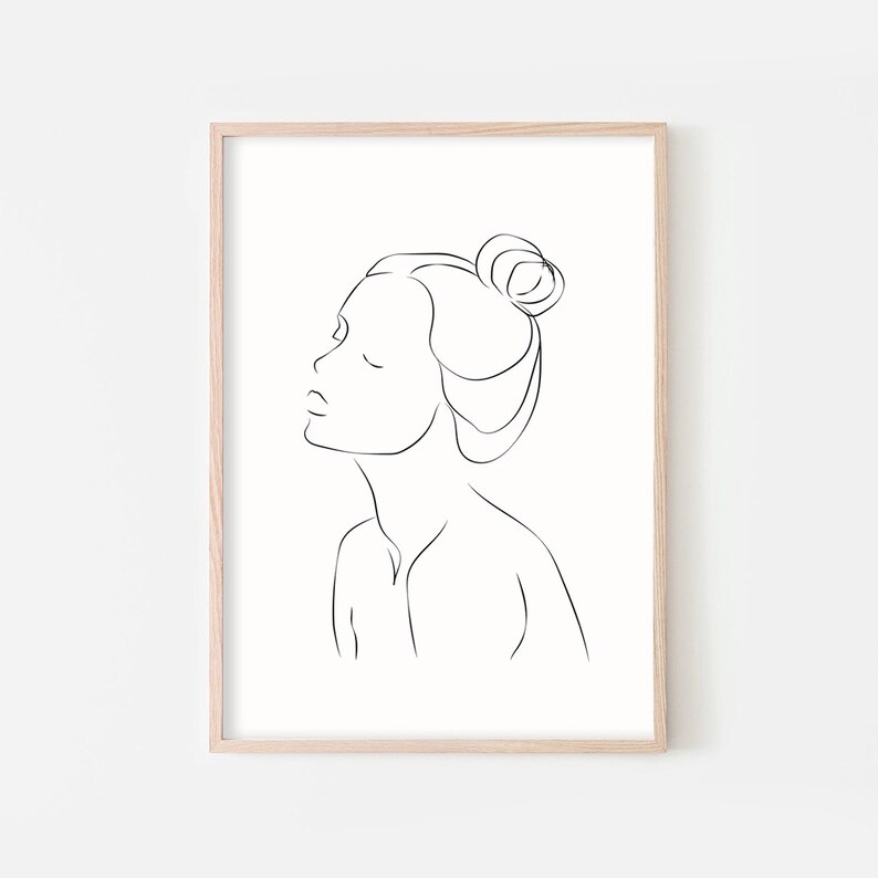 May include: Line art drawing of a person with their head tilted up and their hair pulled back in a bun.