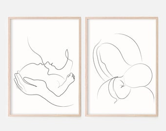 Family Line Art Set Of 2,Mom And Baby Art,Father And Baby Poster,Mother&#39;s Day Gift,Newborn Art,Nursery Print,Baby Shower Gift,Couple Art