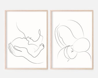 Family Line Art Set Of 2,Mom And Baby Art,Father And Baby Poster,Mother's Day Gift,Newborn Art,Nursery Print,Baby Shower Gift,Couple Art