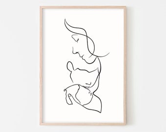Mom And Baby Line Art, Mother of Two Kids, Minimalist, Family Print, Minimal Line Art, Nursery Wall Art, Mommy Artwork, Mother&#39;s Day Gift