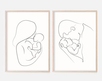 Family Line Art Set Of 2 Prints, Family Line Drawing, Abstract Line Art, Family Set Posters, Mom and Baby Art, Dad and Baby Print,Minimalist