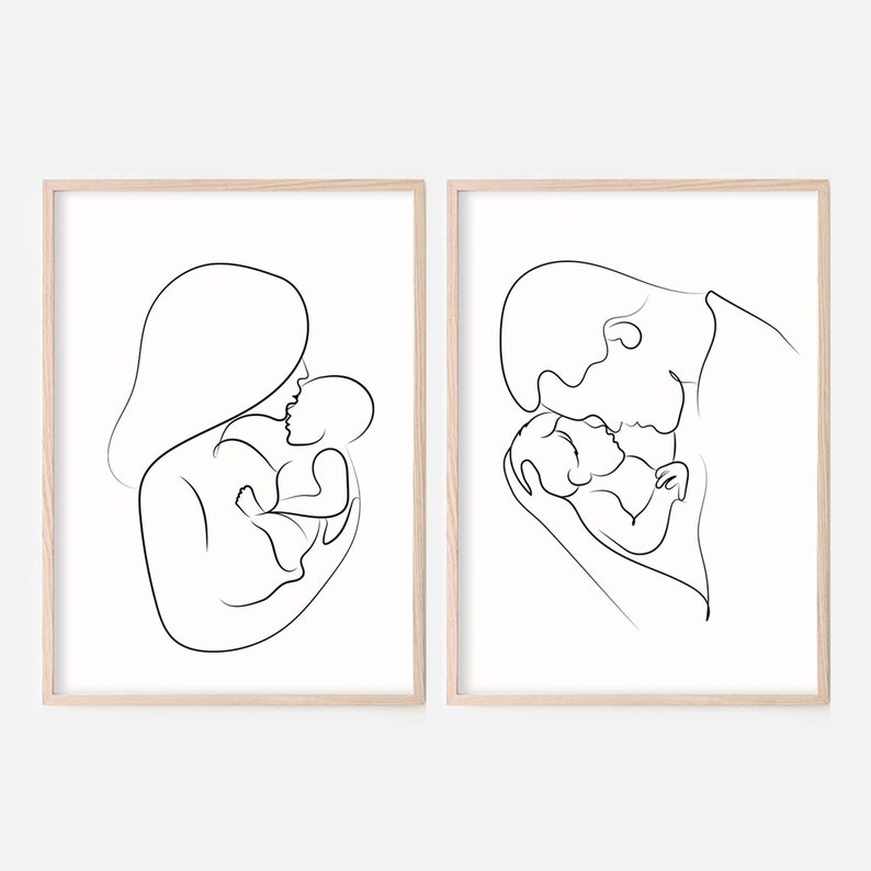 Familjeteckningar Set med 2 tryck, Familjeteckning, Abstrakta linjekonst, Familjeset-posters, Mamma- och barnkonst, Pappa- och barntryck, Minimalistiskt bild 1