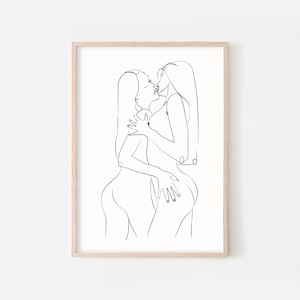 Lesbian Art Print, Girls Couple Line Art, Abstract Lesbian Printable, Girls Kissing Line Drawing, Women Kissing Poster, Lovemaking Lesbian