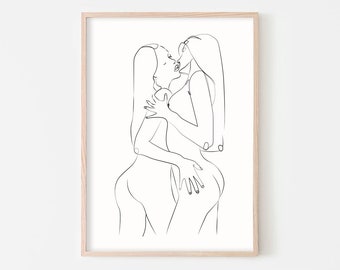 Lesbian Art Print, Girls Couple Line Art, Abstract Lesbian Printable, Girls Kissing Line Drawing, Women Kissing Poster, Lovemaking Lesbian