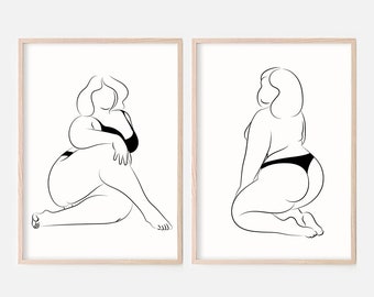 Body Positive Art Set Of 2 Prints, Curvy Woman Art, Erotic Line Art, Female Figure Art, Feminist Art, Plus Size Woman Art, Minimalist Art