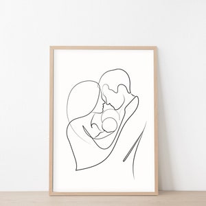 May include: A black and white line drawing of a family of three. A man and woman are holding a baby in their arms. The family is drawn in a single continuous line.