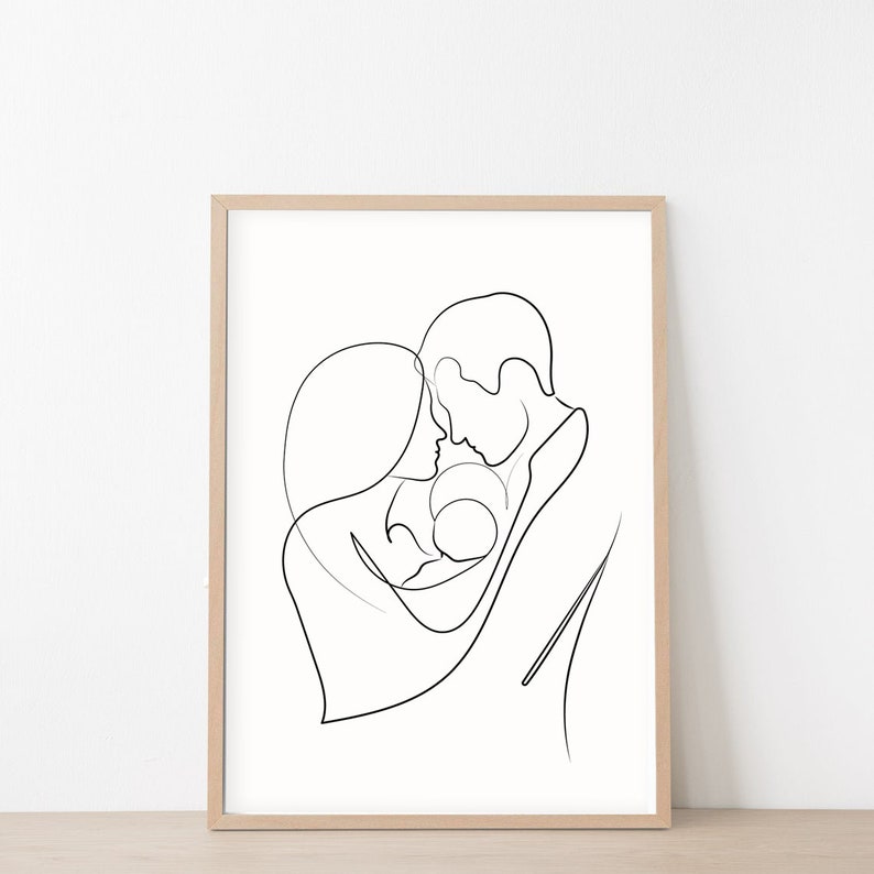 May include: A black and white line drawing of a family of three. A man and woman are holding a baby in their arms. The family is drawn in a single continuous line.