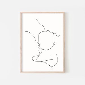 Puede incluir: Un dibujo en blanco y negro de una l&iacute;nea de un padre sosteniendo un beb&eacute;. El dibujo est&aacute; en un estilo simple y minimalista.