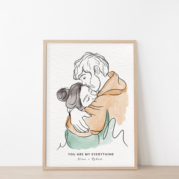 Retrato personalizado en acuarela a partir de una foto, retrato de pareja, regalo de aniversario, retrato familiar, dibujo personalizado, regalo de pintura