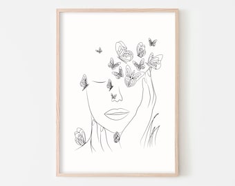 Abstract Line Art Woman With Butterfly One Line Drawing Minimal Woman Face Line Art Female Poster Woman Line Drawing Art Minimalist Wall Art