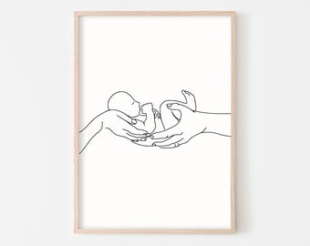 Recién nacido Bebé Arte de pared Una línea Arte Familia De una línea Dibujo Bebé y padres Arte de pared minimalista Impresión minimalista Obra de arte familiar Baby Line Arte