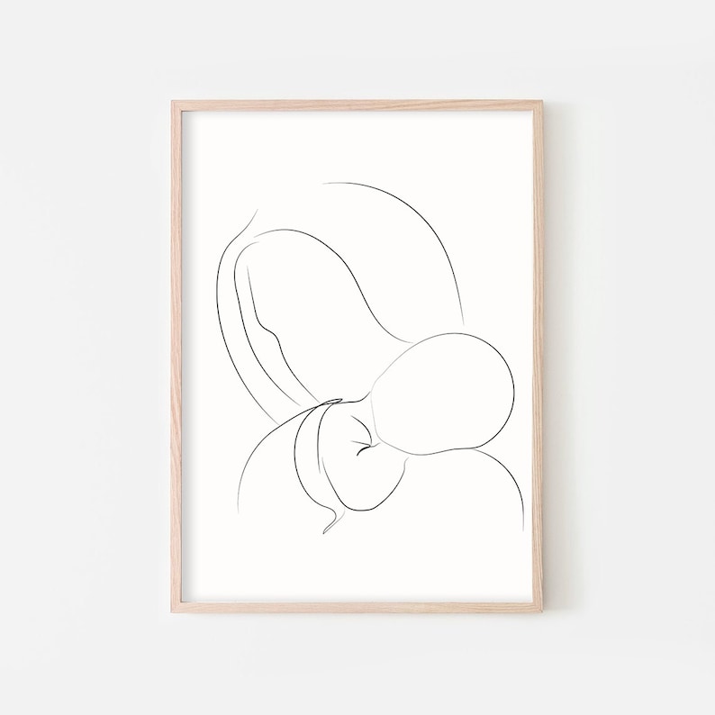 May include: A black and white line drawing of a person holding a baby in their arms. The drawing is simple and minimalist, with only the outlines of the figures visible.
