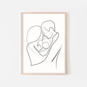 May include: A black and white line drawing of a family of three. A couple is holding a baby in their arms. The drawing is in a simple, minimalist style.