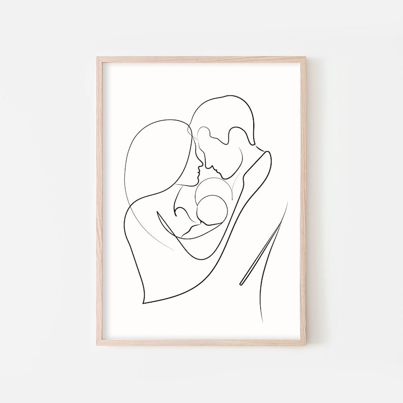 May include: A black and white line drawing of a family of three. A couple is holding a baby in their arms. The drawing is in a simple, minimalist style.