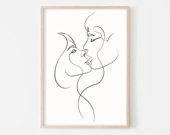 Couple Line Art Print, One Line Drawing, Face Line Art, Couple Art, Kiss Printable, Line Art Couple, Love Artwork, Minimalist Wall Art