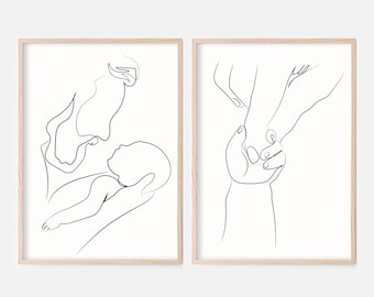 Set Of 2 Dad And Baby Art Print,New Father Gift,Fathers Day Gift, Baby Shower,Abstract Line Art,Family Line Art,Family Portrait Line Drawing
