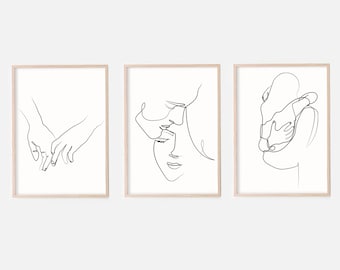 Couple Art Set Of 3 Prints, Abstract Love Line Art, Couple Art Print,Anniversary Gift, Kiss Print, Romantic Poster, Romantic Bedroom Art