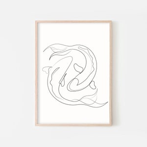 May include: A black and white line drawing of two fish swimming in a circle. The drawing is simple and elegant, and would look great in a modern home.
