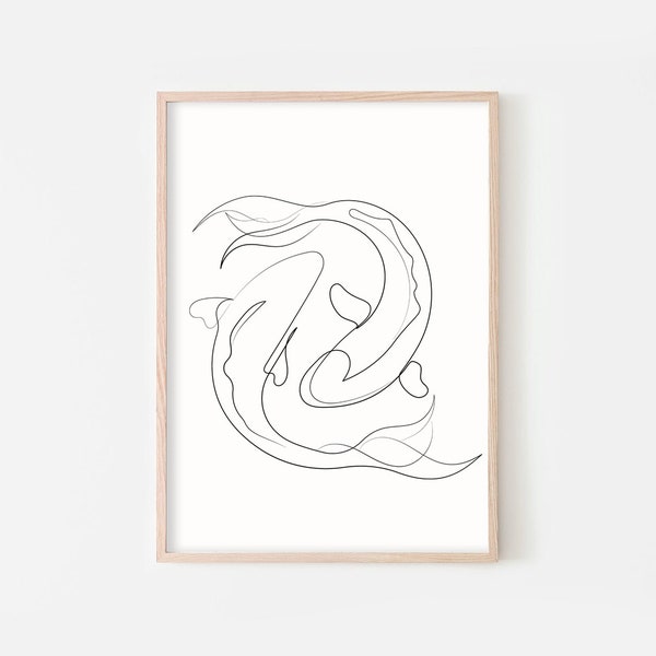 Koi Fish Print, Koi Fish Line Art, One Line Art, Art minimaliste, Art au trait continu, Peinture Koi, Art animalier, Peintures Koi, Art mural de poisson